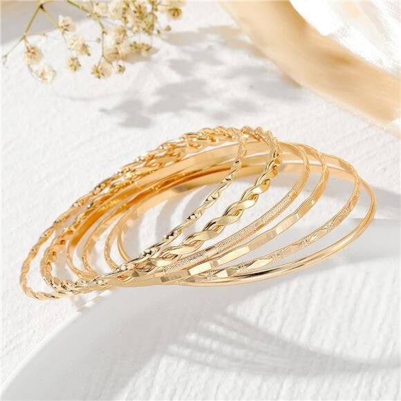 Womens Gold Bangle Bracelet Set 14k Plated Multi Layer Stackable Cuff Jewelry - Picture 5 of 8